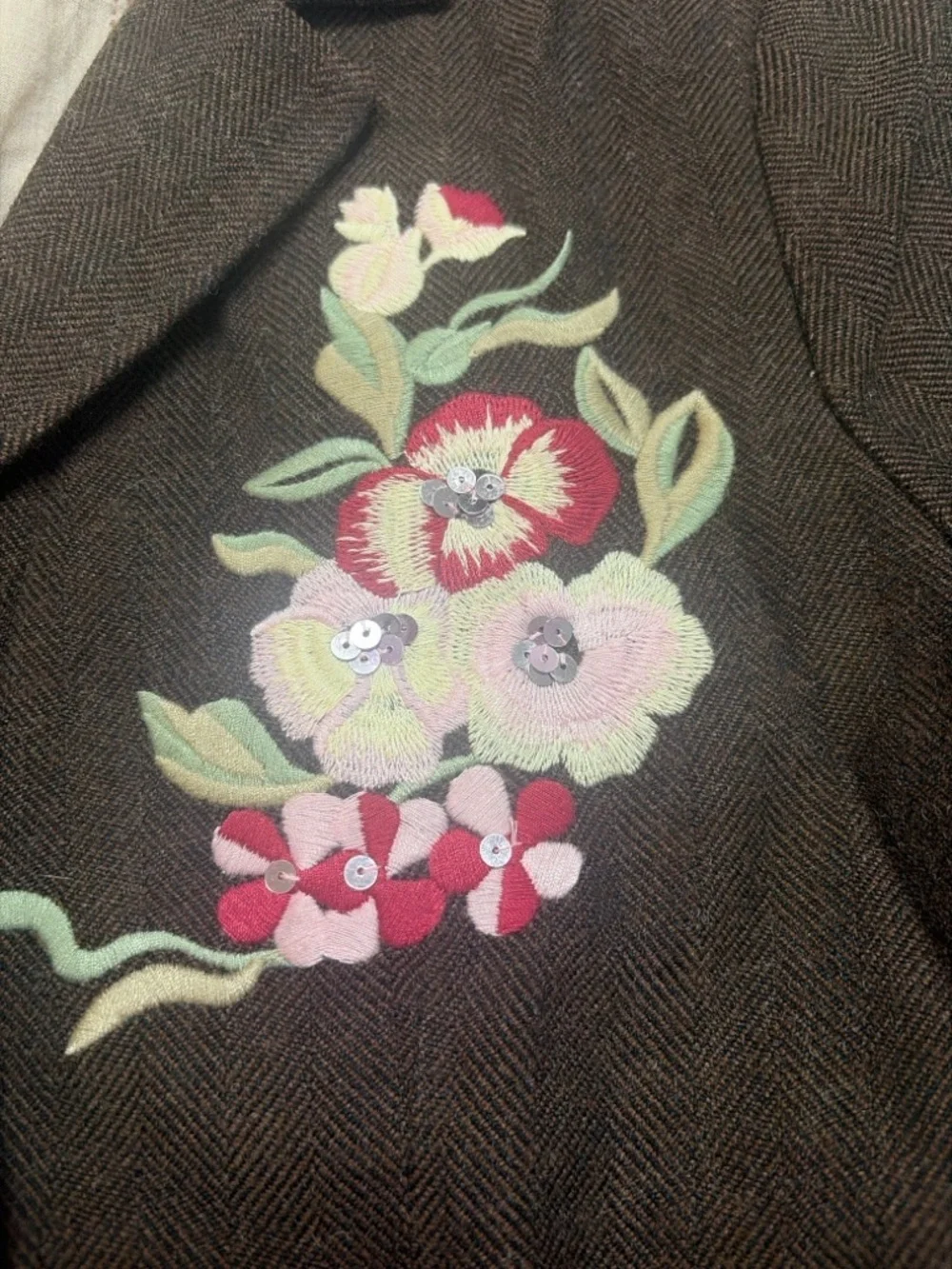 Y2K Cropped Embroidered Blazer Brown Tweed Sequin Floral Jacket Small 0841